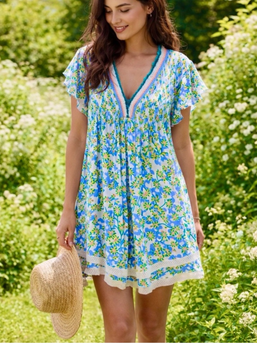 Poupette St Barth Sasha Mini Dress Blue Green Floral Size XS
